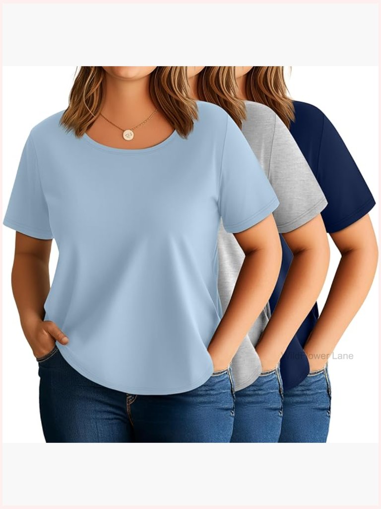 3 Pack Plus Size Scoop Neck Short Sleeve Tunic Tees Loose Fit Summer Tops